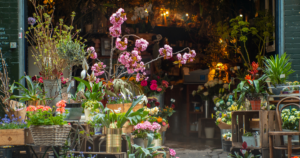 Florist shop with a colorful bouquet of fresh flowers in a floral shop, surrounded by seasonal blooms and greenery.